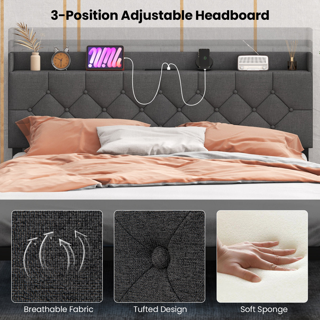 Full/Queen Size Floating Bed Frame with LED and Headboard and Charging Station
