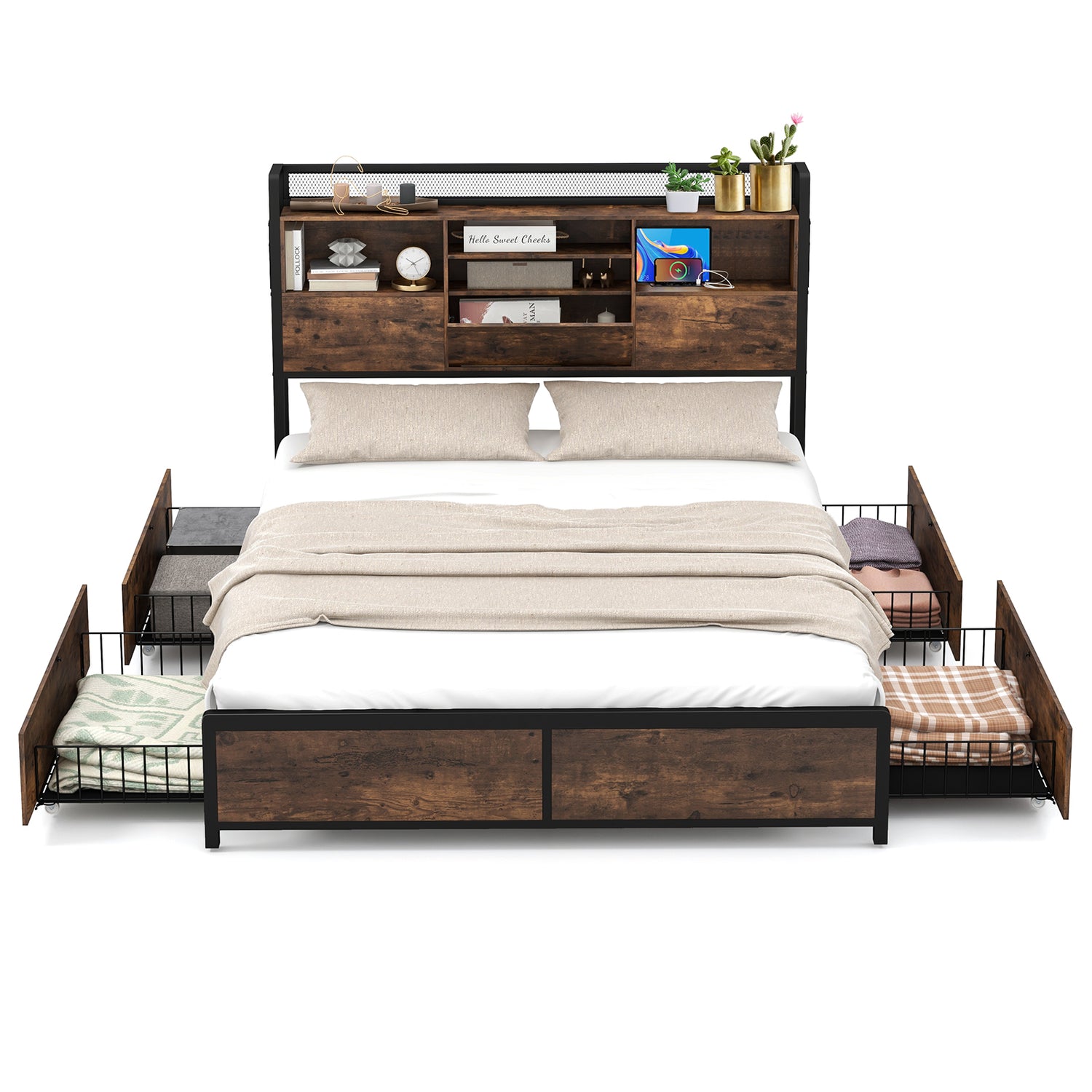 Full/Queen Size Bed Frame with Bookcase Headboard and 4 Storage Drawers