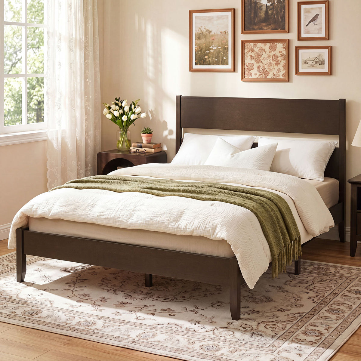 Queen Bed Frame with Headboard and Solid Wood Legs 12 Slats