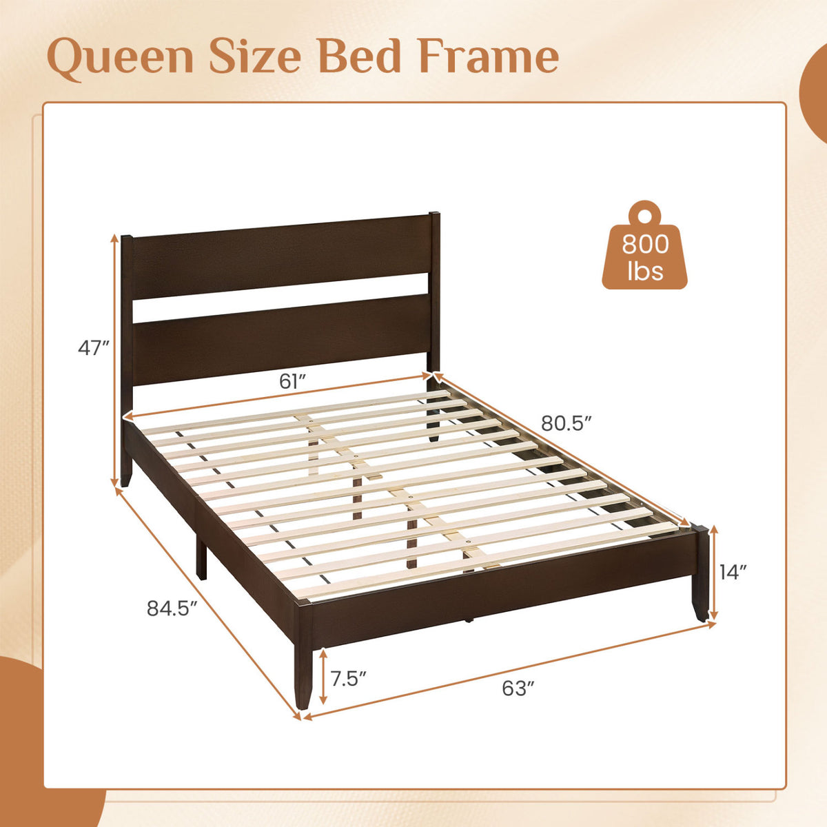 Queen Bed Frame with Headboard and Solid Wood Legs 12 Slats