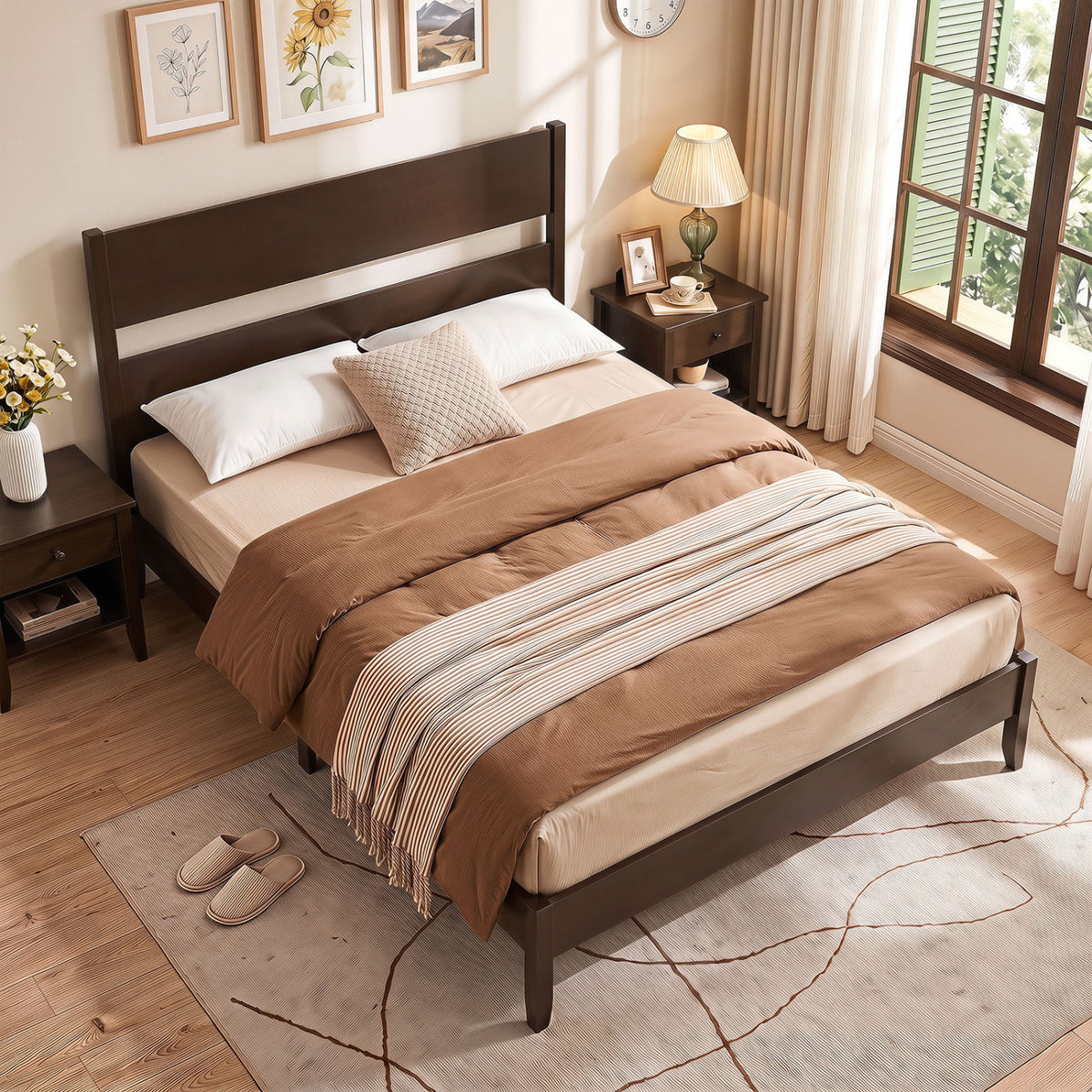 Queen Bed Frame with Headboard and Solid Wood Legs 12 Slats