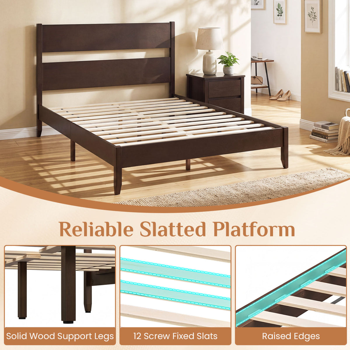 Queen Bed Frame with Headboard and Solid Wood Legs 12 Slats