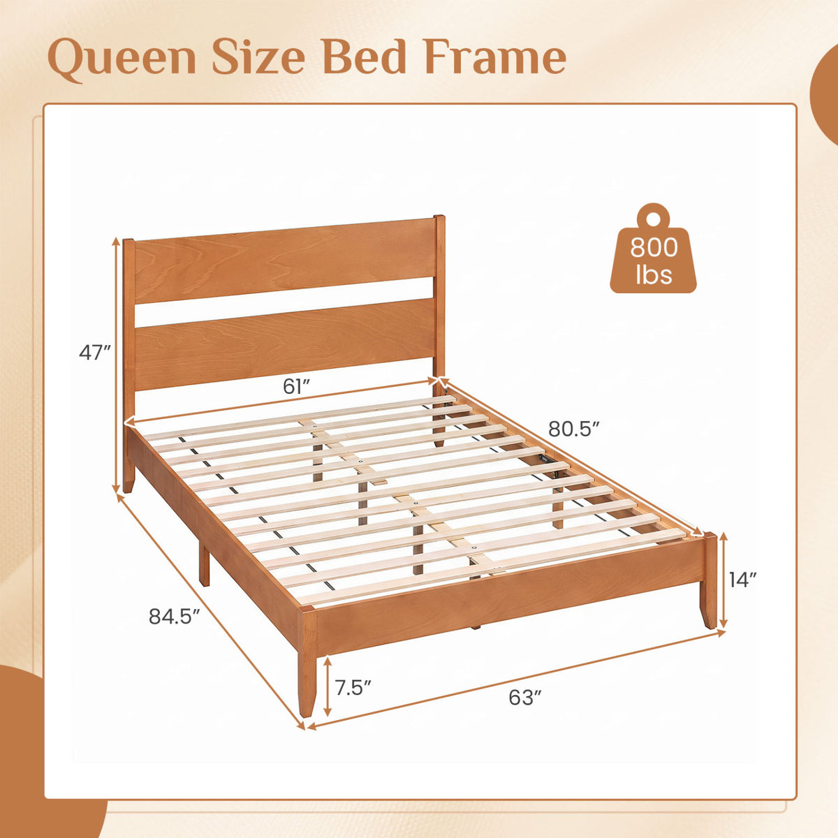 Queen Bed Frame with Headboard and Solid Wood Legs 12 Slats