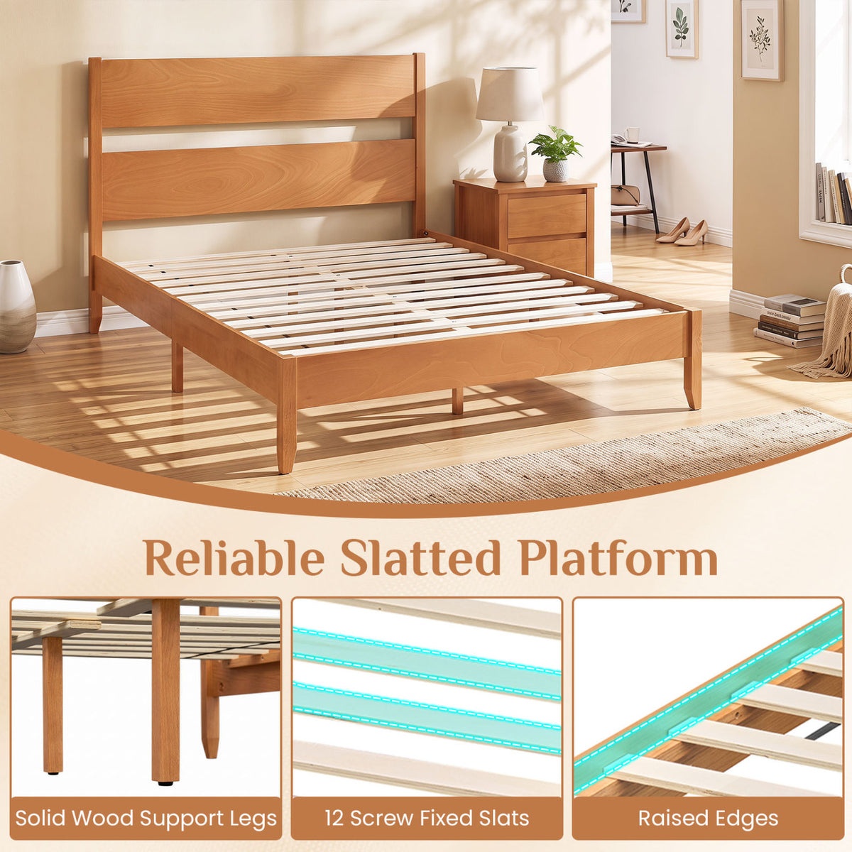 Queen Bed Frame with Headboard and Solid Wood Legs 12 Slats