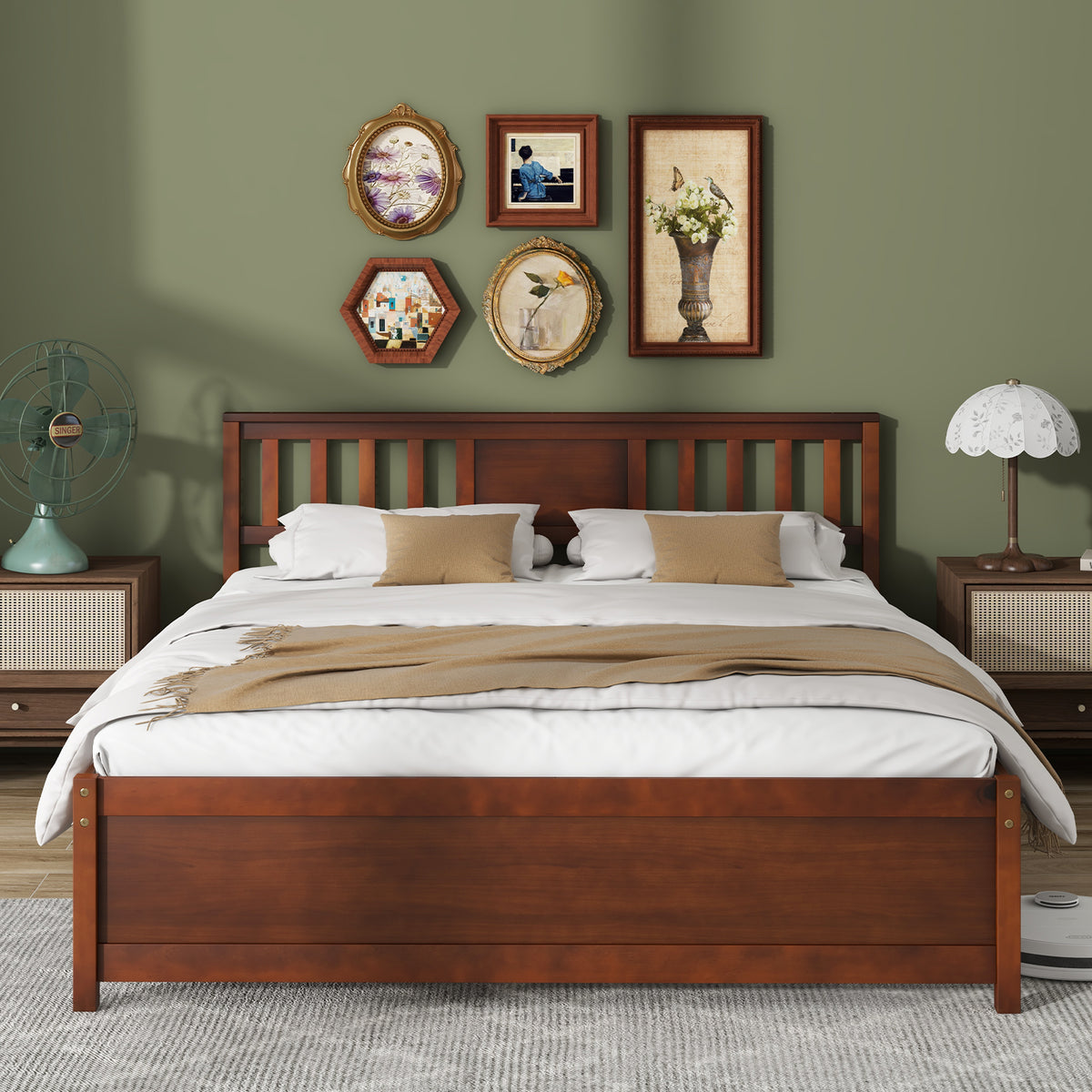 Wooden Platform Bed with Headboard and Slat Support
