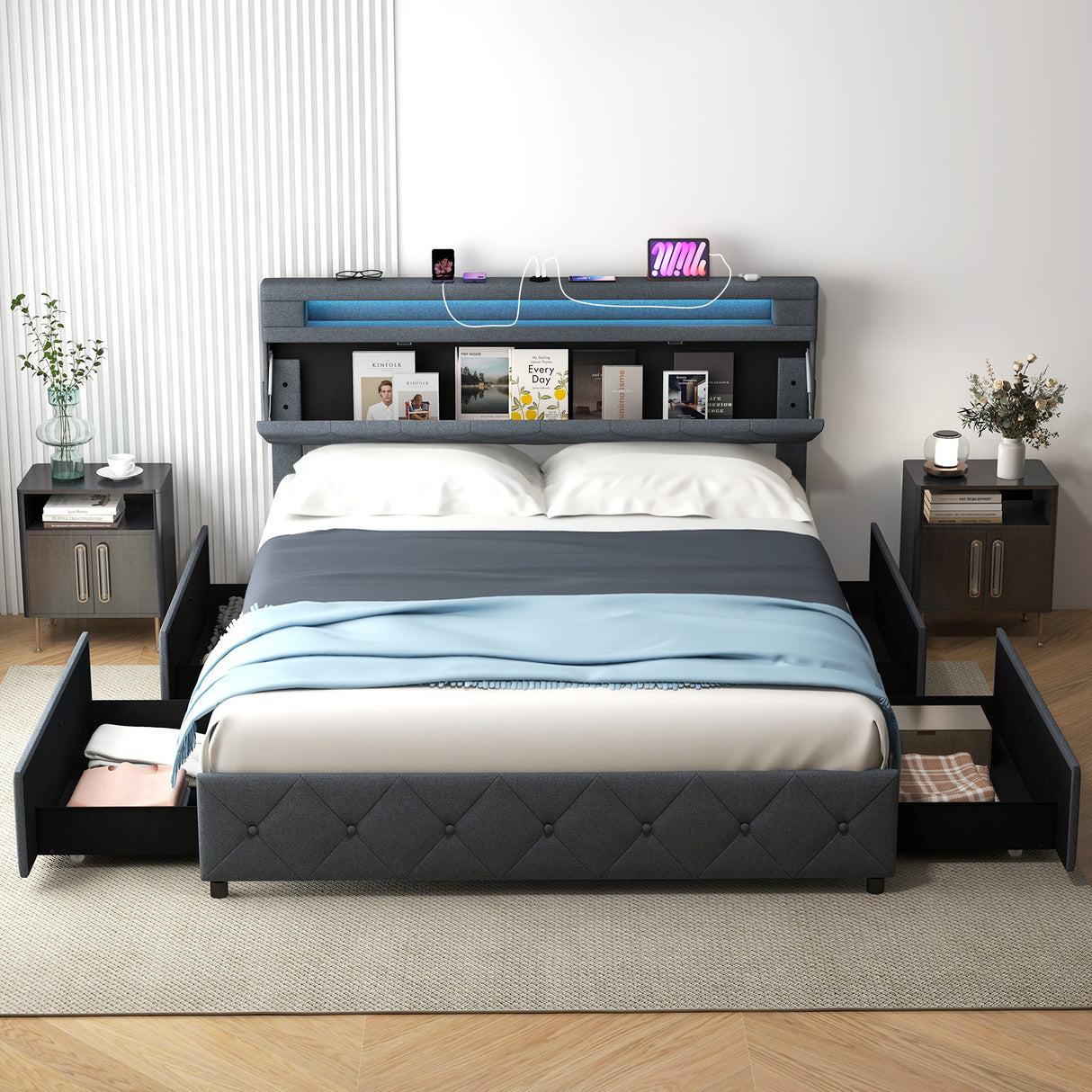 Full/Queen Size Bed Frame with Adjustable Storage Headboard and Wooden Slat Support