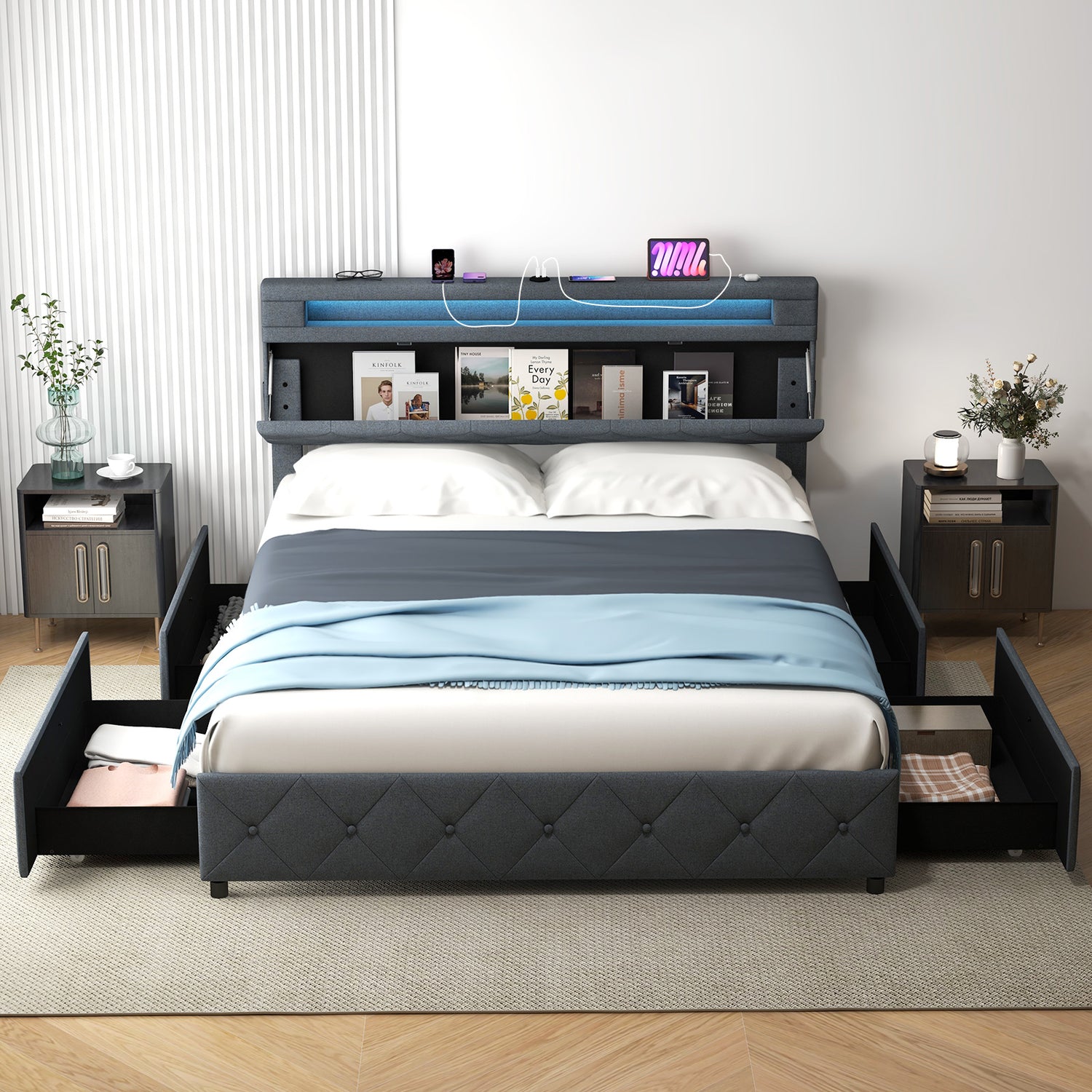 Full/Queen Size Bed Frame with Adjustable Storage Headboard and Wooden Slat Support