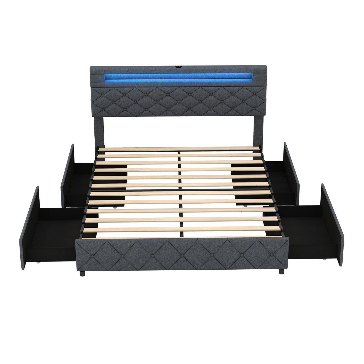 Full/Queen Size Bed Frame with Adjustable Storage Headboard and Wooden Slat Support