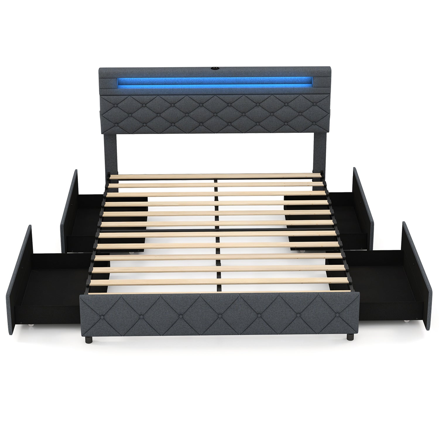 Full/Queen Size Bed Frame with Adjustable Storage Headboard and Wooden Slat Support