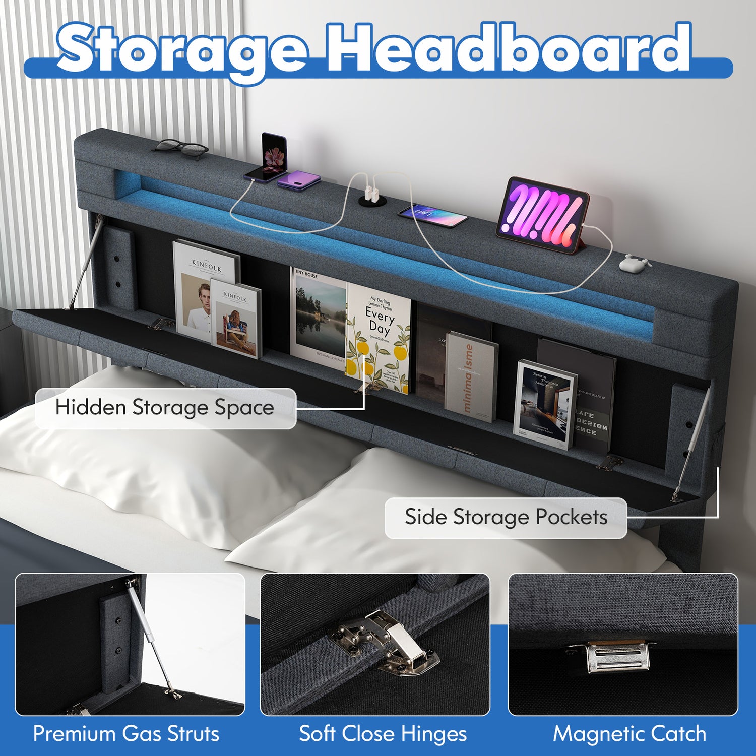 Full/Queen Size Bed Frame with Adjustable Storage Headboard and Wooden Slat Support
