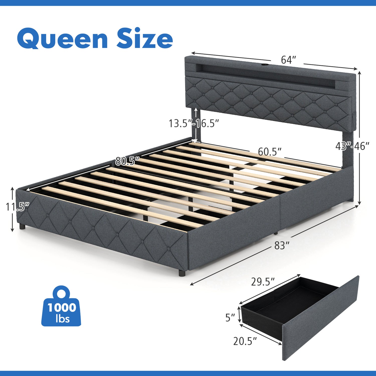 Full/Queen Size Bed Frame with Adjustable Storage Headboard and Wooden Slat Support