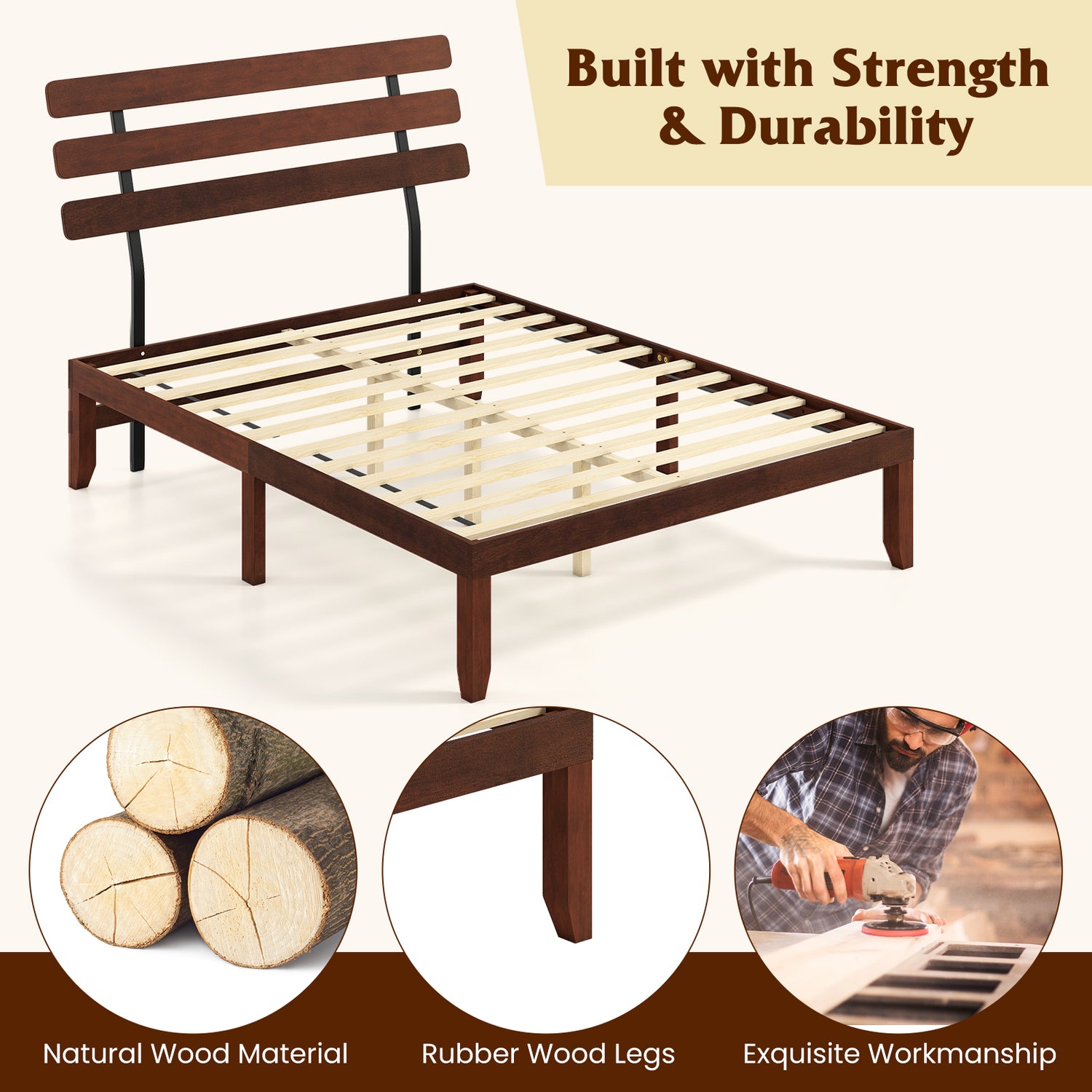 Full Size Bed Frame 15.5 Inch Solid Wood Platform Bed with Retro Headboard