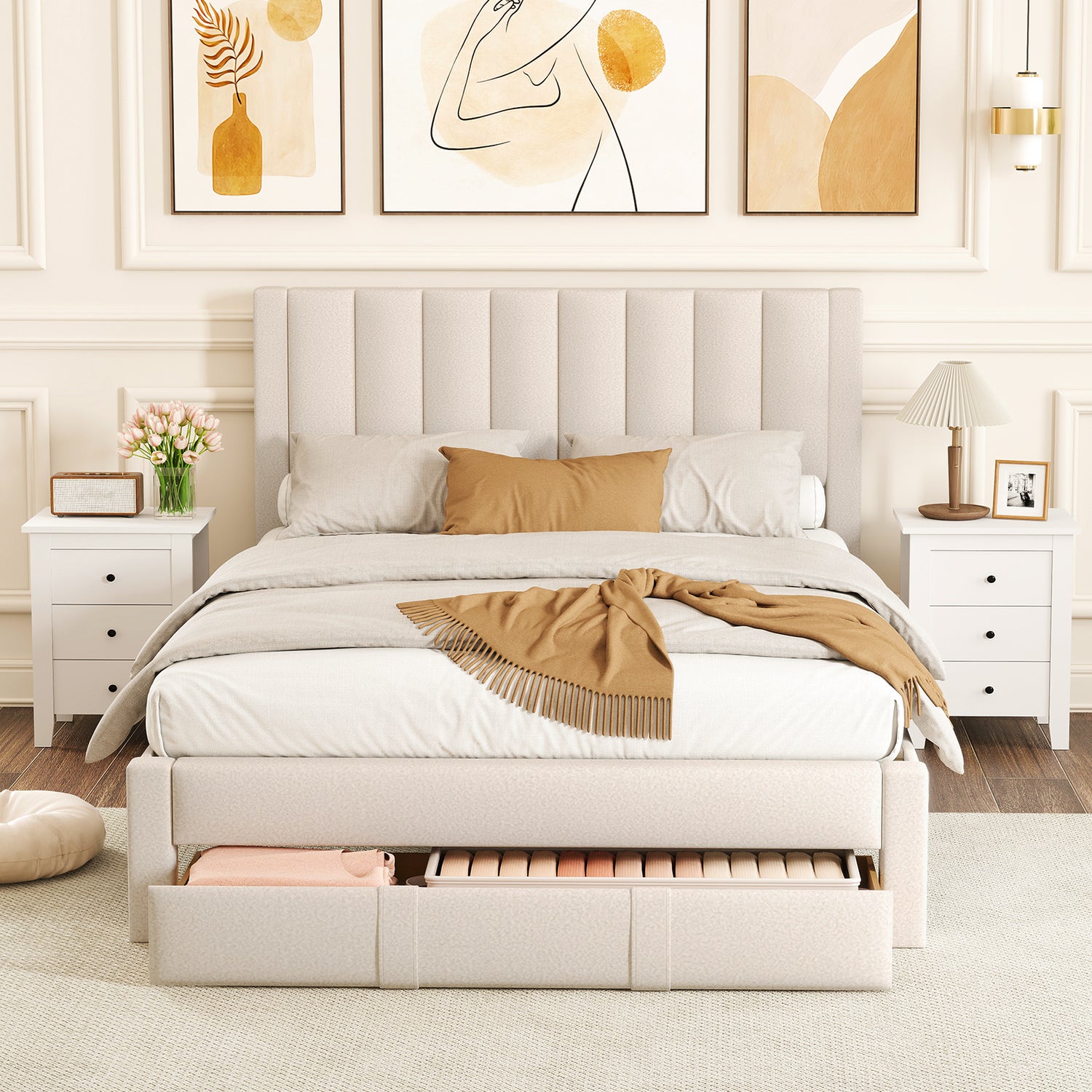 Queen Size Bed Frame with Storage Drawer and Vertical Channel Headboard