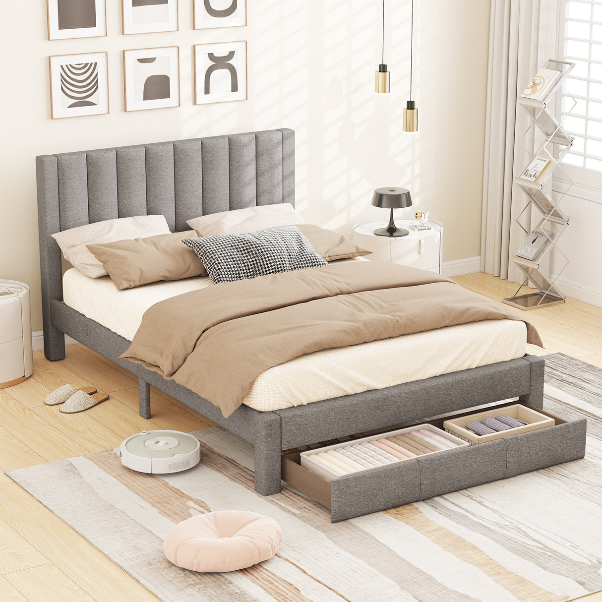 Queen Size Bed Frame with Storage Drawer and Vertical Channel Headboard