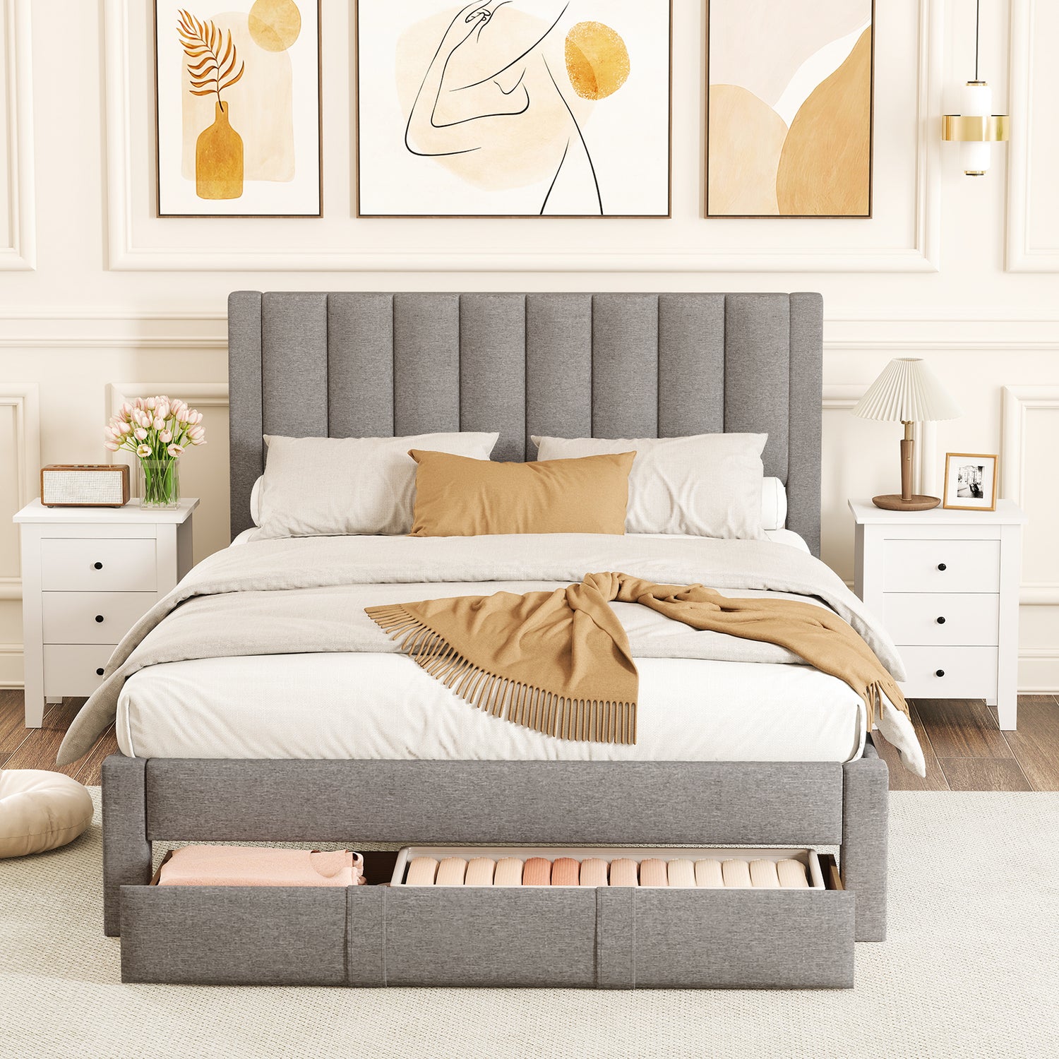 Queen Size Bed Frame with Storage Drawer and Vertical Channel Headboard
