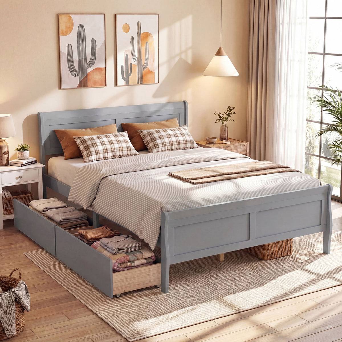 Queen Size Bed Frame with 2 Storage Drawers and Footboard