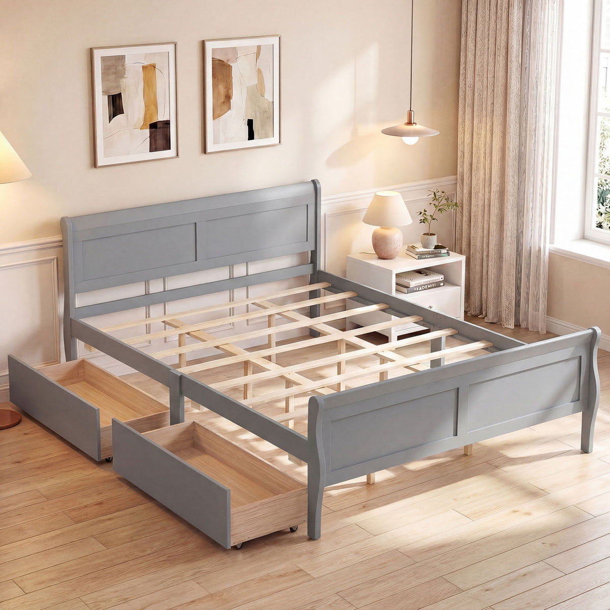 Queen Size Bed Frame with 2 Storage Drawers and Footboard