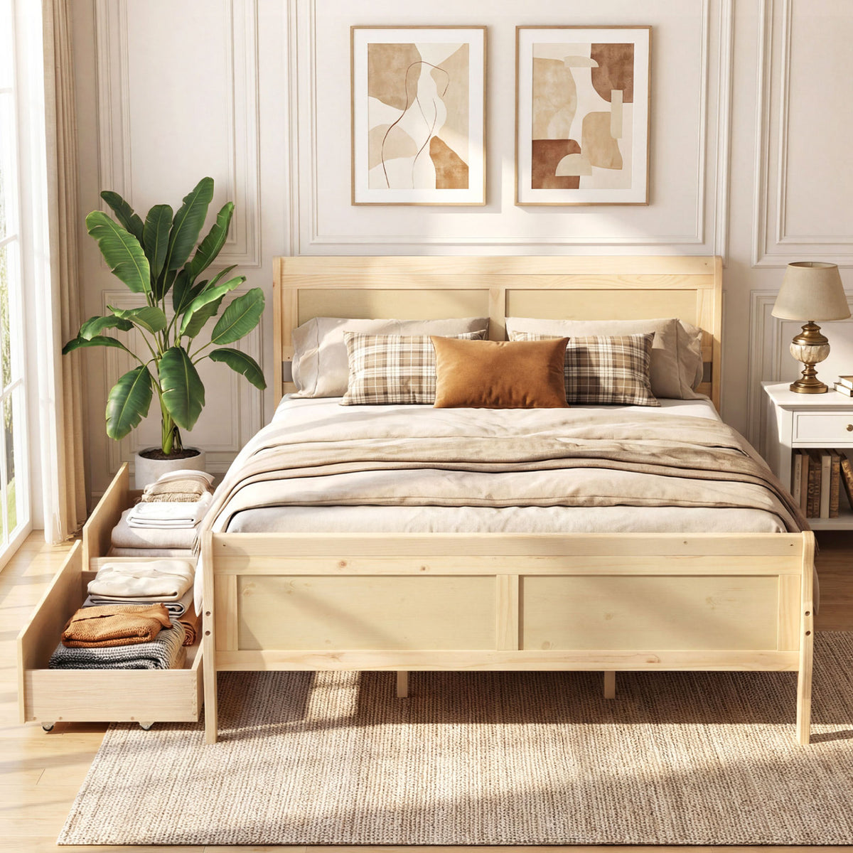 Queen Size Bed Frame with 2 Storage Drawers and Footboard