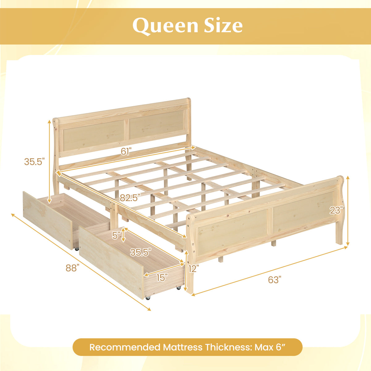 Queen Size Bed Frame with 2 Storage Drawers and Footboard