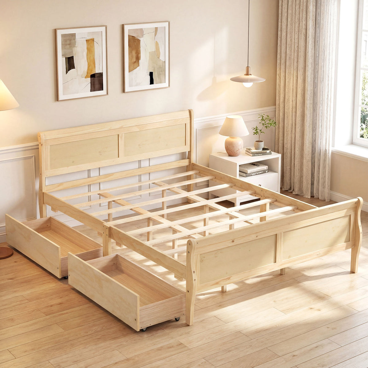 Queen Size Bed Frame with 2 Storage Drawers and Footboard