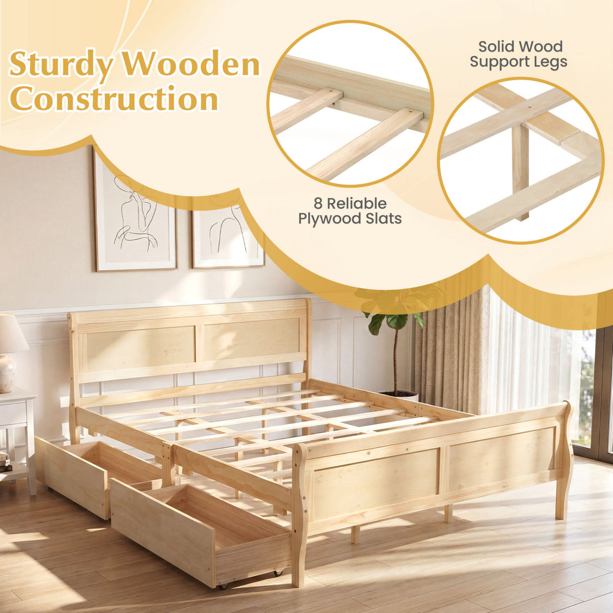 Queen Size Bed Frame with 2 Storage Drawers and Footboard
