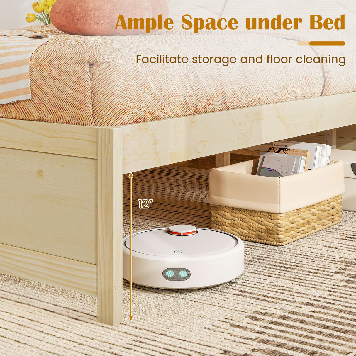 Queen Size Bed Frame with 2 Rolling Storage Drawers