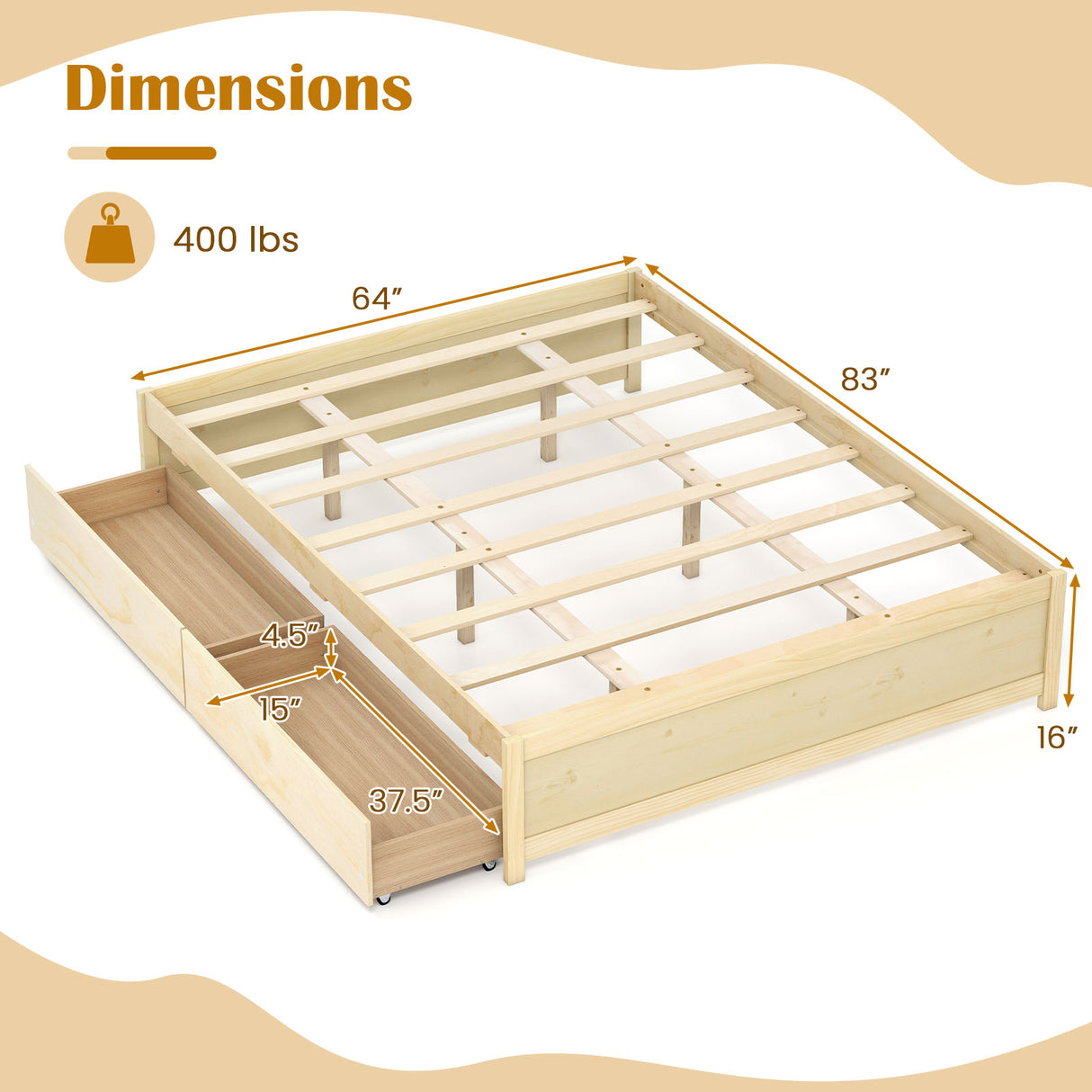 Queen Size Bed Frame with 2 Rolling Storage Drawers