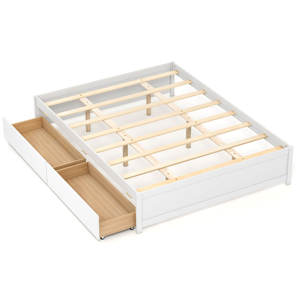 Queen Size Bed Frame with 2 Rolling Storage Drawers
