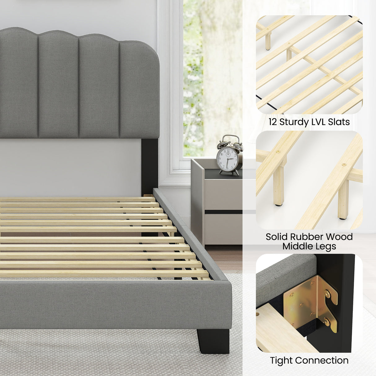 Queen Size Bed Frame with Adjustable Scalloped Tufted Headboard-Queen Size