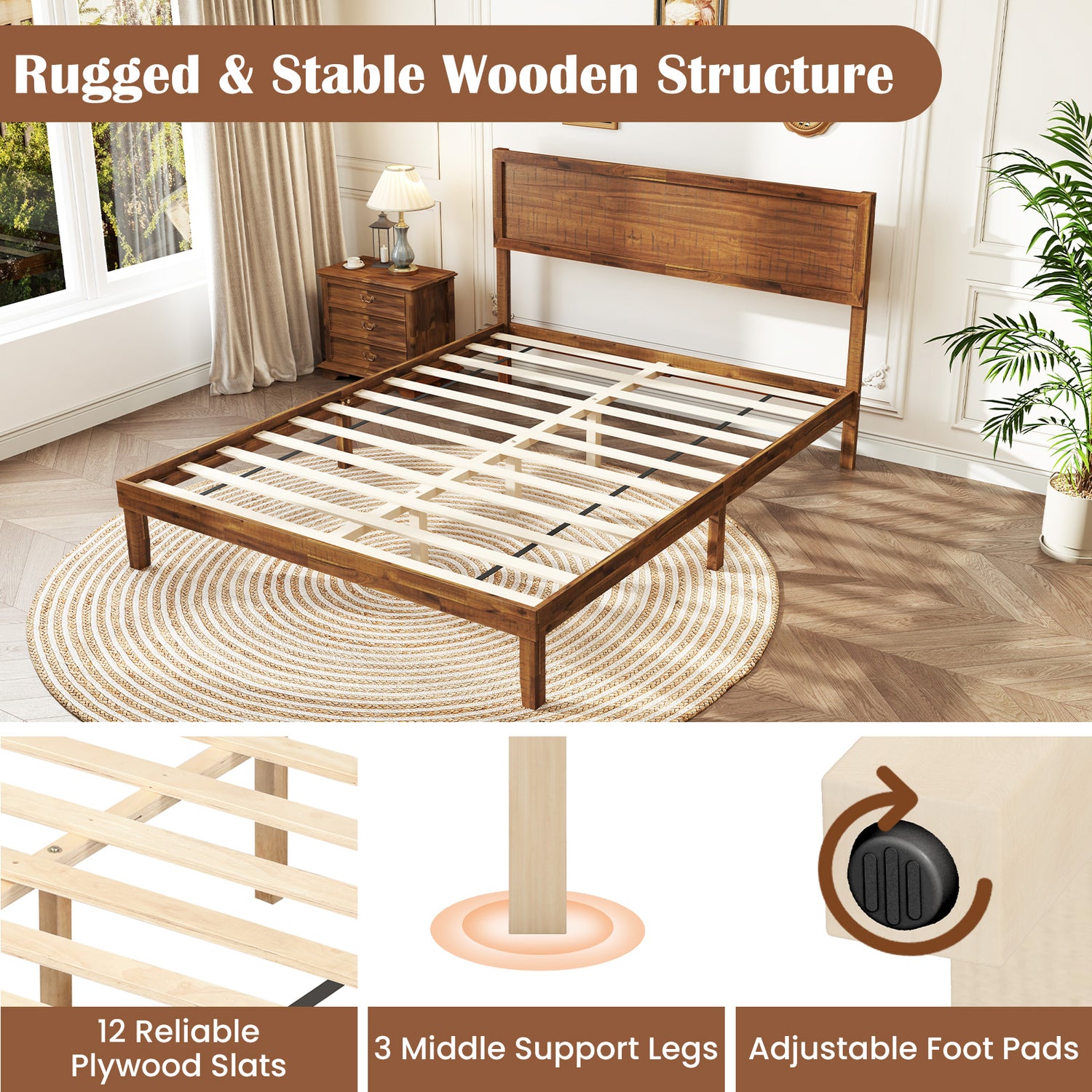 Twin/Full/Queen Size Bed Frame with Headboard and Wooden Slats Support