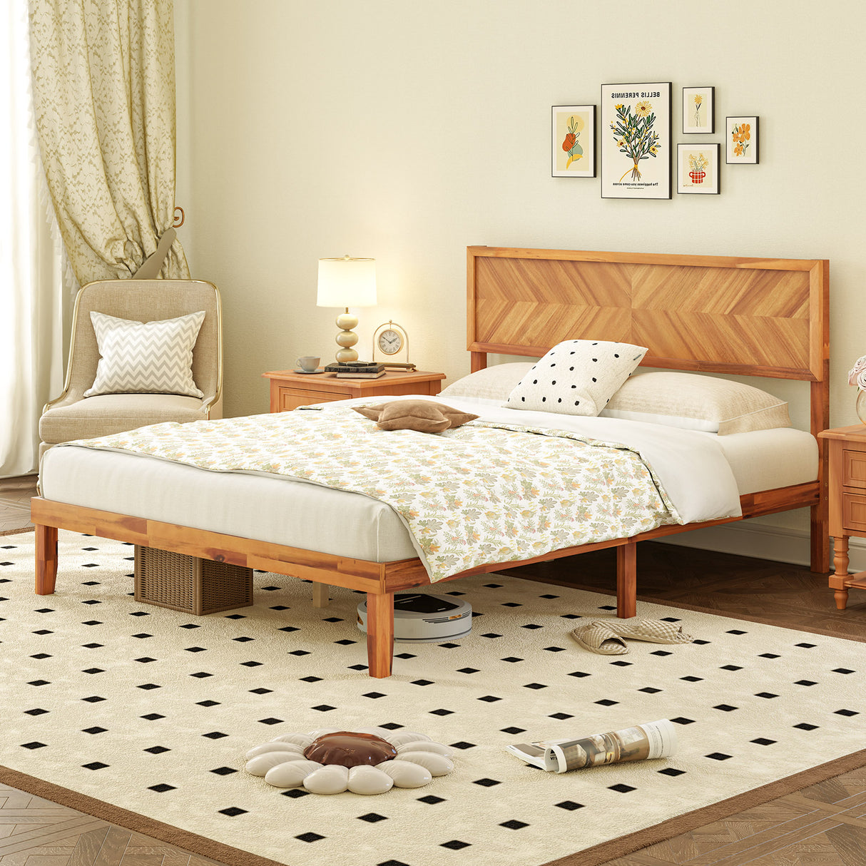 Twin/Full/Queen Size Bed Frame with Headboard and Storage Space