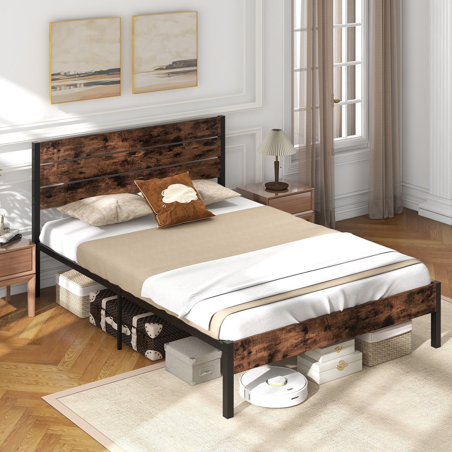 Full/King/Queen/Twin Size Bed Frame with High Headboard and Mute Bar