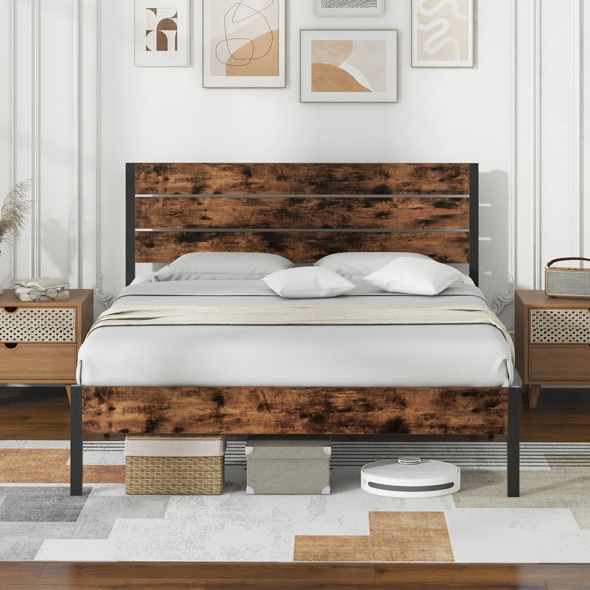 Full/King/Queen/Twin Size Bed Frame with High Headboard and Mute Bar