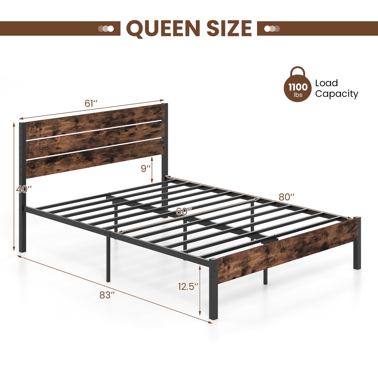 Full/King/Queen/Twin Size Bed Frame with High Headboard and Mute Bar