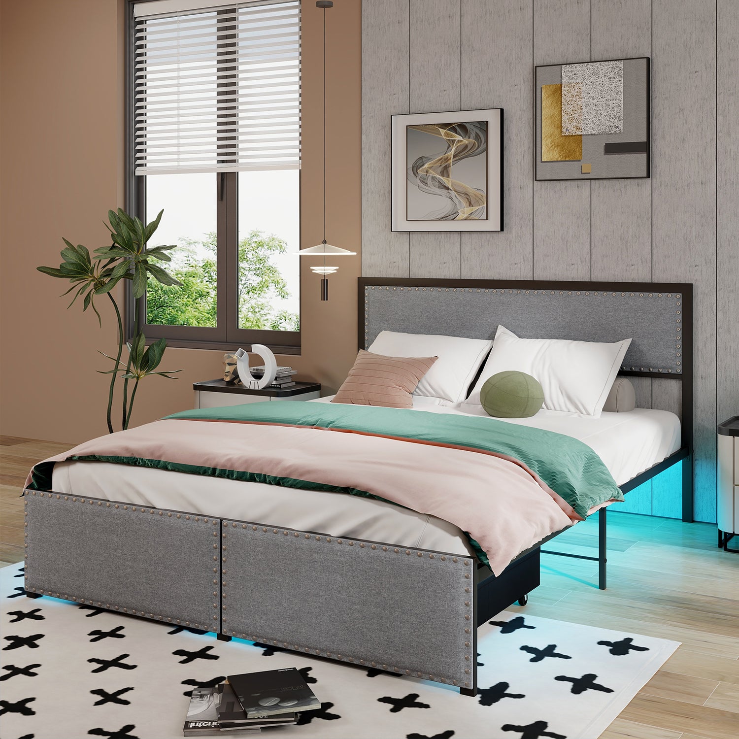 Full/Queen/Twin Size Bed Frame with LED Lights Drawer and Metal Slats