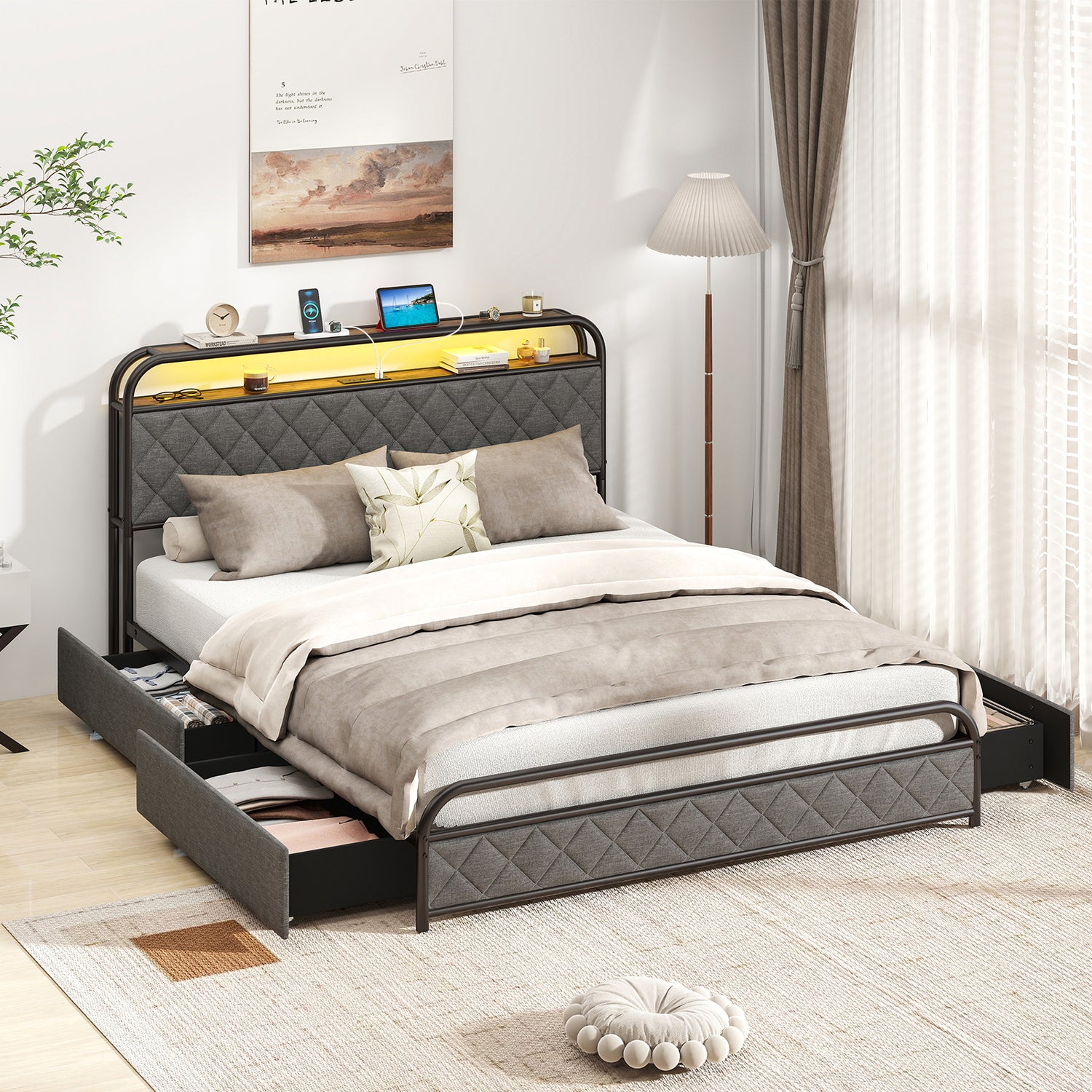 Twin/Full/Queen Size Bed Frame with LED Lights and Charging Station