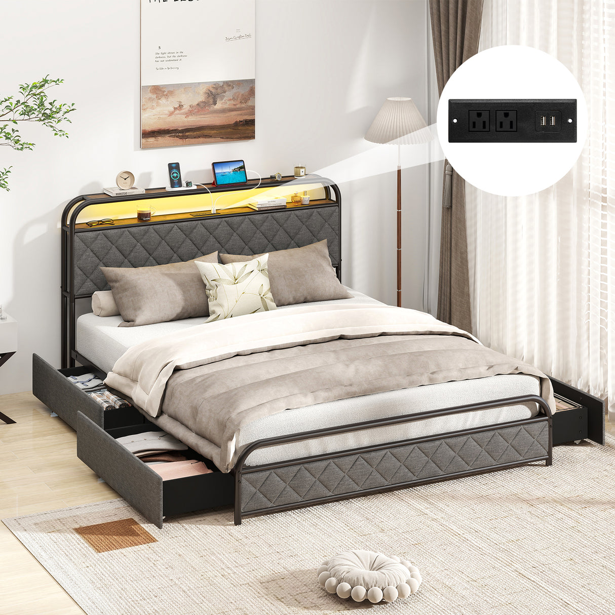 Twin/Full/Queen Size Bed Frame with LED Lights and Charging Station