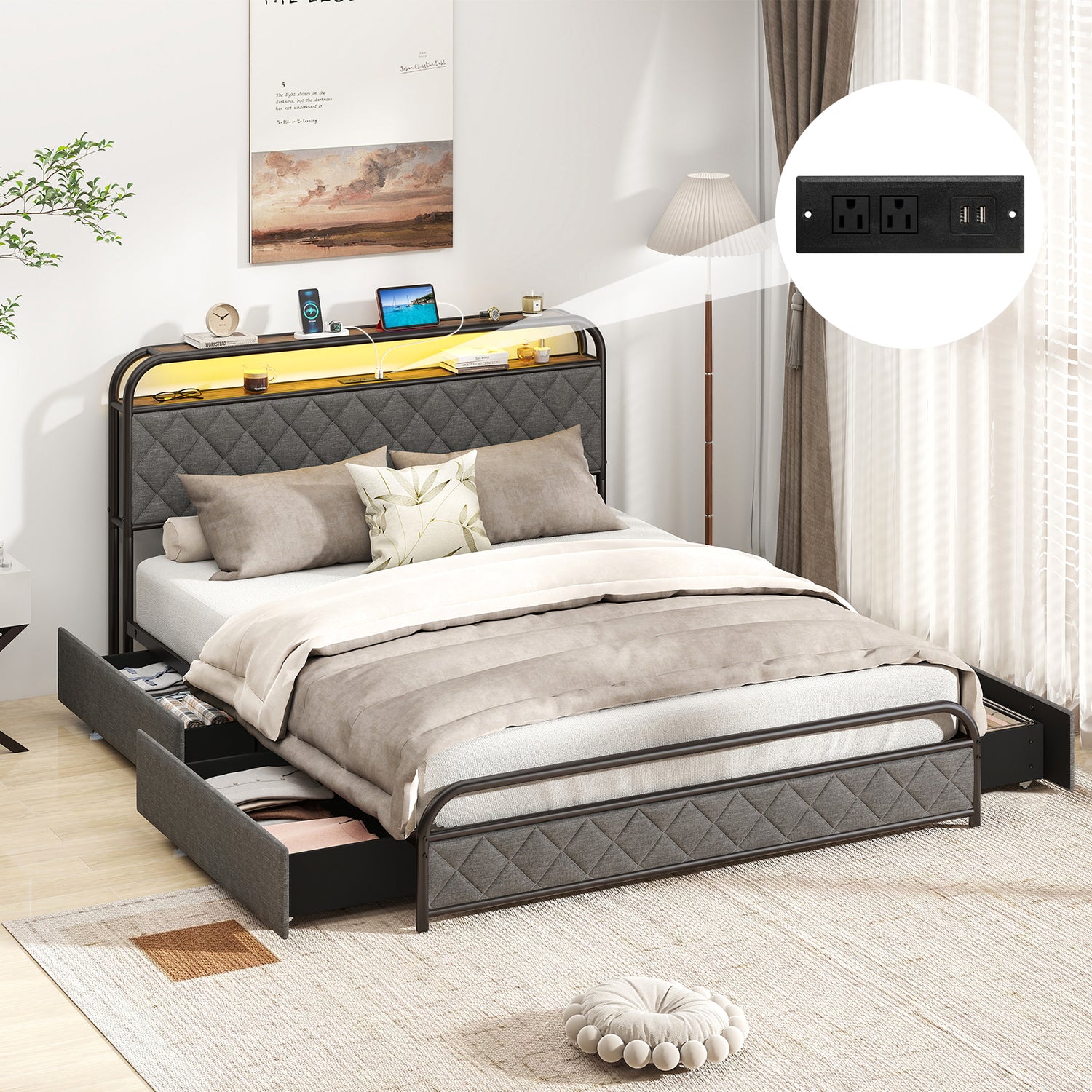Twin/Full/Queen Size Bed Frame with LED Lights and Charging Station