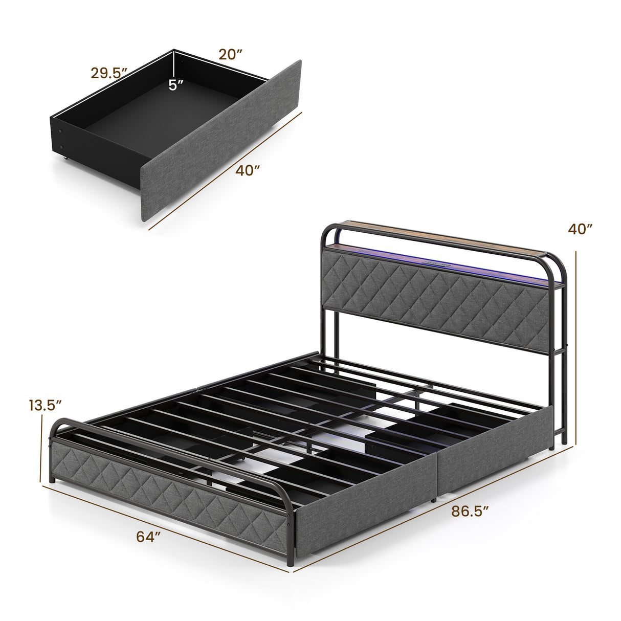 Twin/Full/Queen Size Bed Frame with LED Lights and Charging Station
