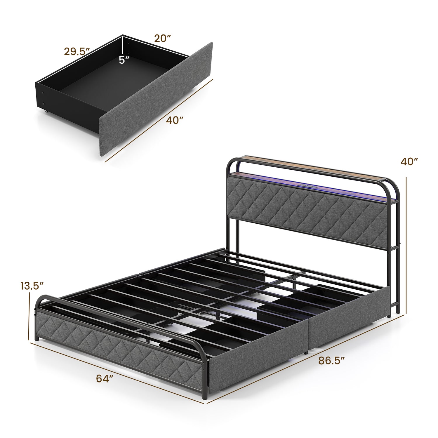 Twin/Full/Queen Size Bed Frame with LED Lights and Charging Station
