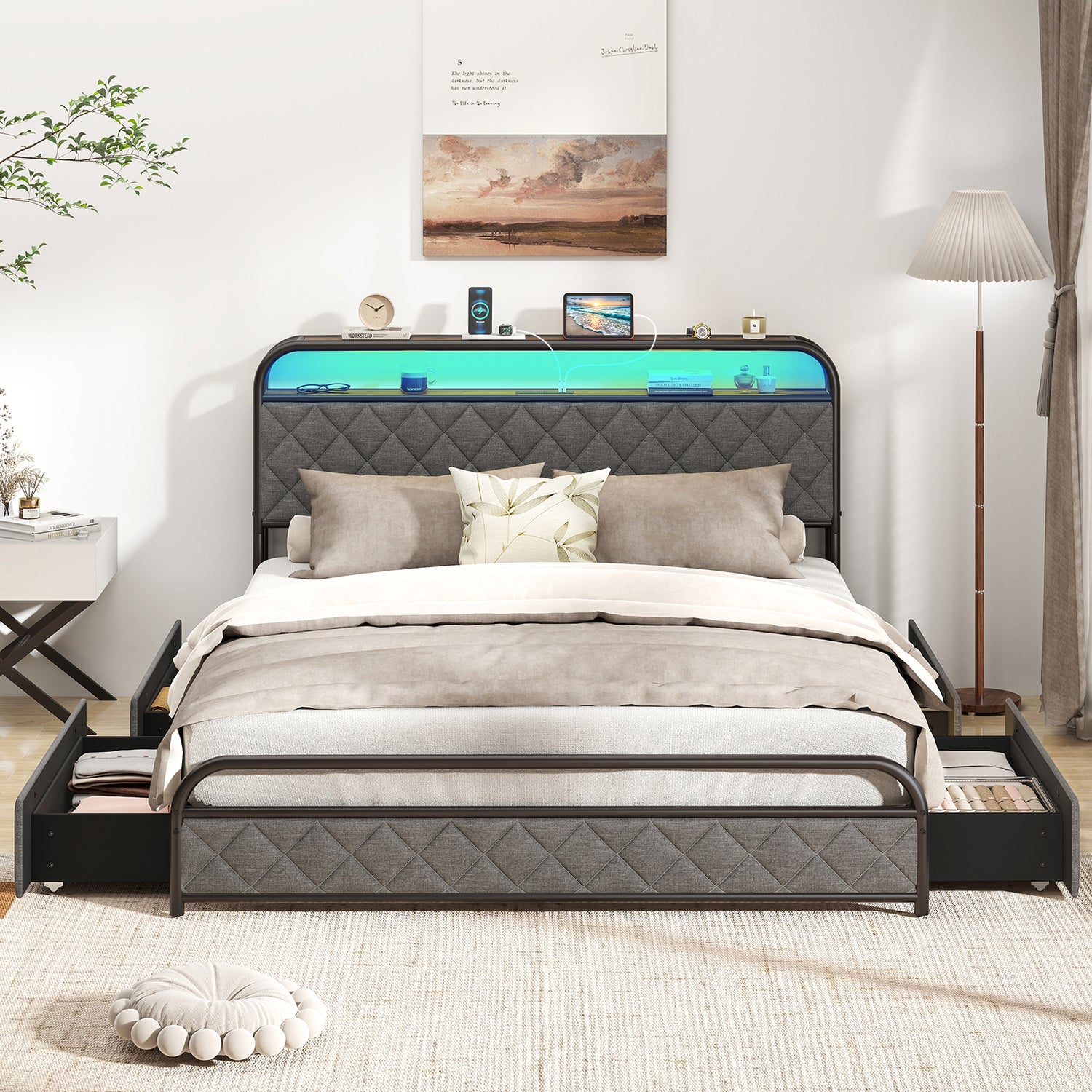 Twin/Full/Queen Size Bed Frame with LED Lights and Charging Station