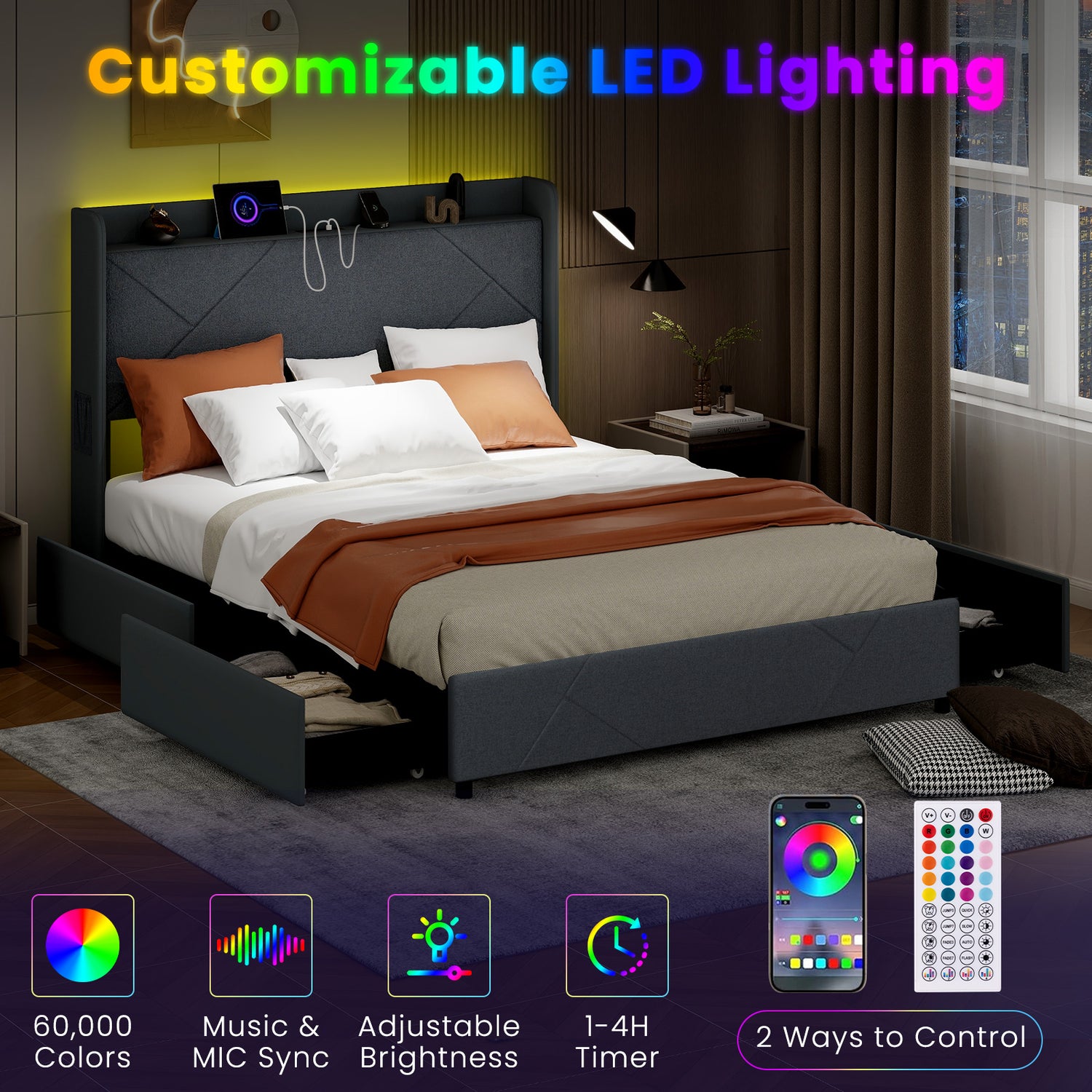 Full/Queen Size Bed Frame with LED Lights and Charging Station