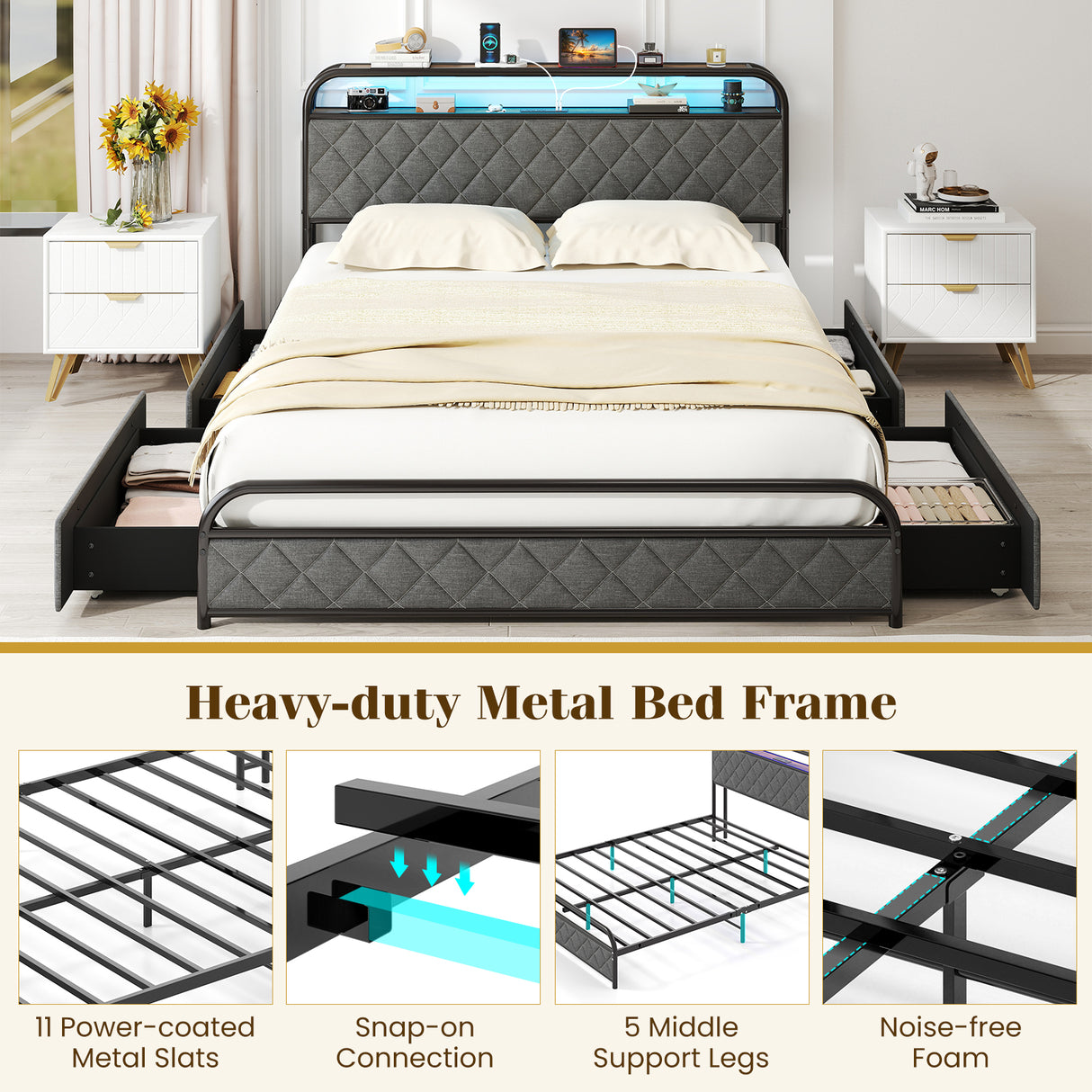 Twin/Full/Queen Size Bed Frame with LED Lights and Charging Station