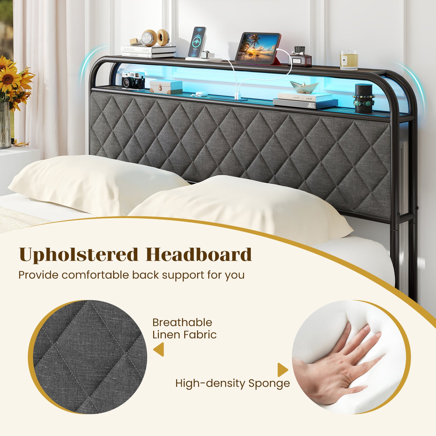 Twin/Full/Queen Size Bed Frame with LED Lights and Charging Station