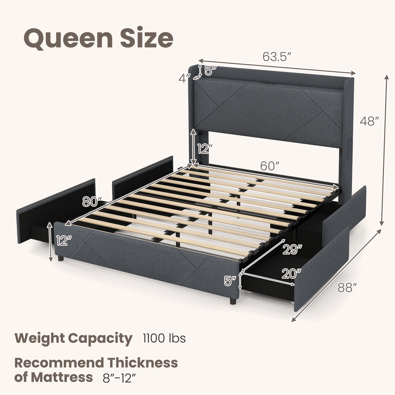 Full/Queen Size Bed Frame with LED Lights and Charging Station