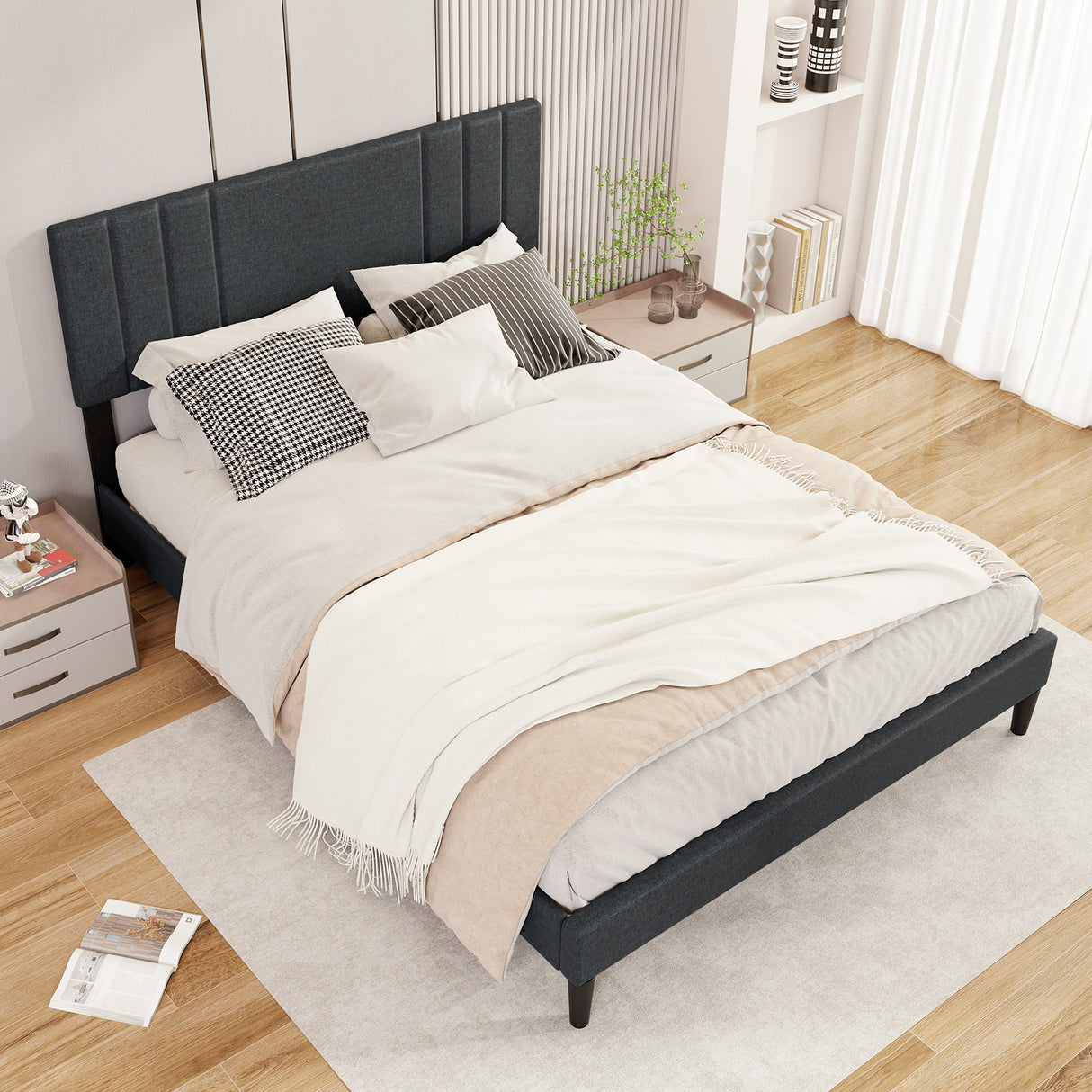 Full/Queen/Twin Size Bed Frame with Vertical Channel Tufted Headboard and Wooden Slats