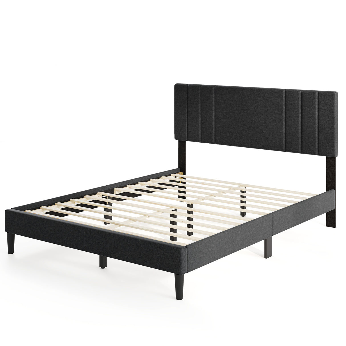 Full/Queen/Twin Size Bed Frame with Vertical Channel Tufted Headboard and Wooden Slats