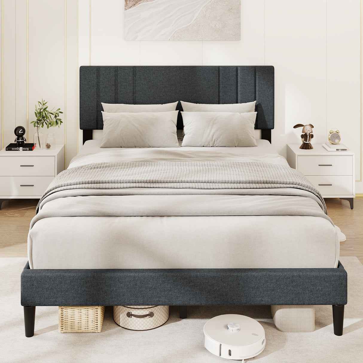 Full/Queen/Twin Size Bed Frame with Vertical Channel Tufted Headboard and Wooden Slats