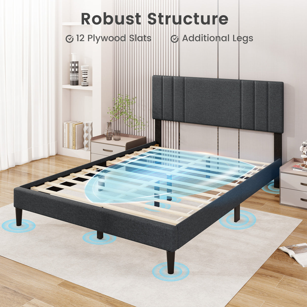 Full/Queen/Twin Size Bed Frame with Vertical Channel Tufted Headboard and Wooden Slats