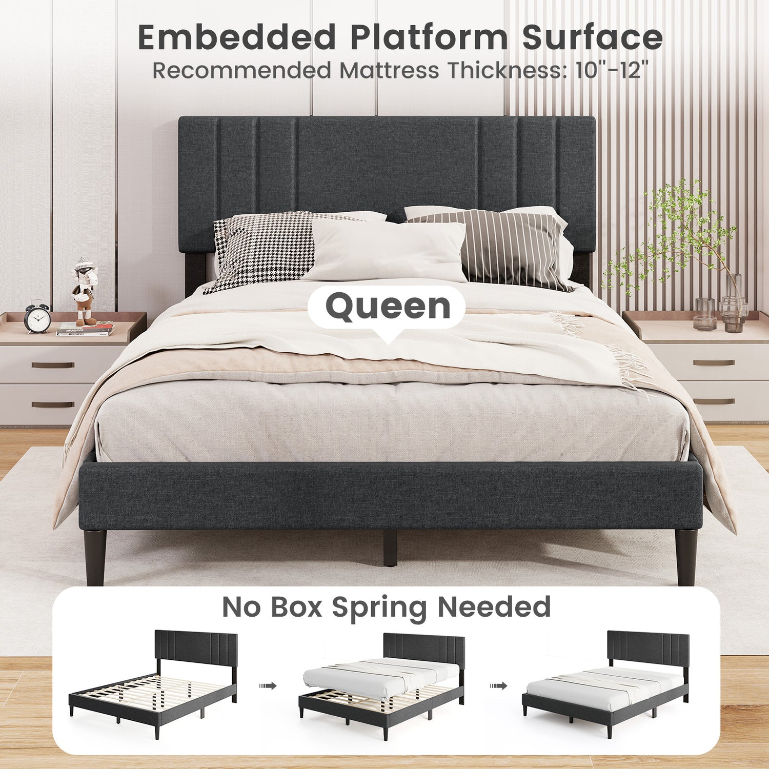 Full/Queen/Twin Size Bed Frame with Vertical Channel Tufted Headboard and Wooden Slats